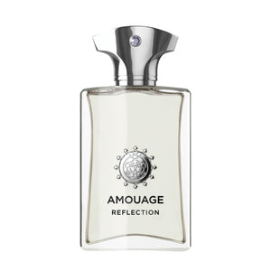 Amouage - Reflection Man Parfumflakon mit klarem Glas und silbernem Verschluss vor weißem Hintergrund