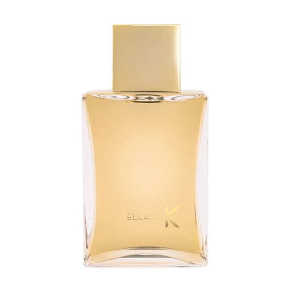 Ella K - Reflet sur L'Okavango eleganter Parfumflakon mit goldfarbenem Design vor hellem Hintergrund