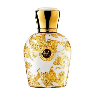 Moresque Parfum - Art Collection - Regina weißer Flakon mit goldenen Blattverzierungen und glänzendem Verschluss vor weißem Hintergrund
