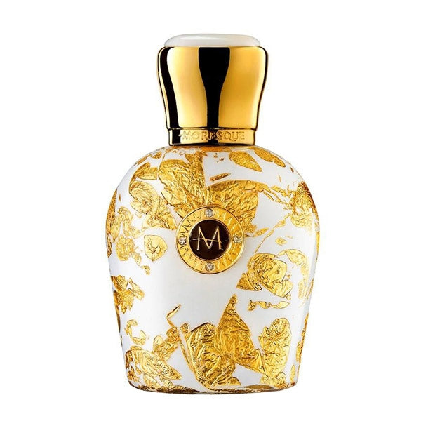 Moresque Parfum - Art Collection - Regina weißer Flakon mit goldenen Blattverzierungen und glänzendem Verschluss vor weißem Hintergrund