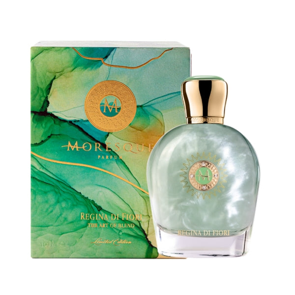 Moresque Parfum - Art of Blend - Regina di Fiori Flakon mit schimmerndem Perlmutt-Effekt und goldfarbenem Verschluss vor grünem Hintergrund