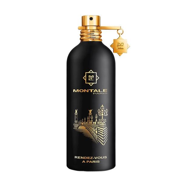 Montale - Rendez-vous à Paris Parfümflakon in Schwarz mit goldfarbenem Sprühkopf und filigraner Paris-Brücken-Illustration
