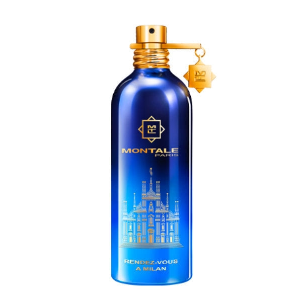 Montale - Rendez-vous à Milan Flakon in leuchtendem Blau mit goldenem Verschluss und stilisierter Mailänder Skyline