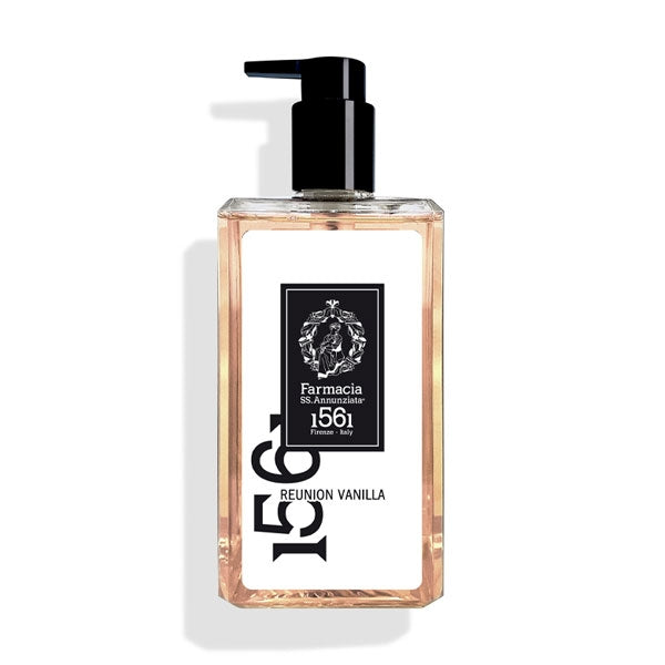 Farmacia SS. Annunziata - Reunion Vanilla - Duschgel in rechteckiger Flasche mit schwarzem Pumpspender und klarer Flüssigkeit