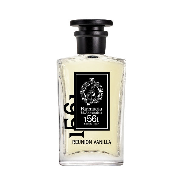 Farmacia SS. Annunziata - Reunion Vanilla Parfumflakon mit klarem Design und schwarz-weißem Etikett vor weißem Hintergrund