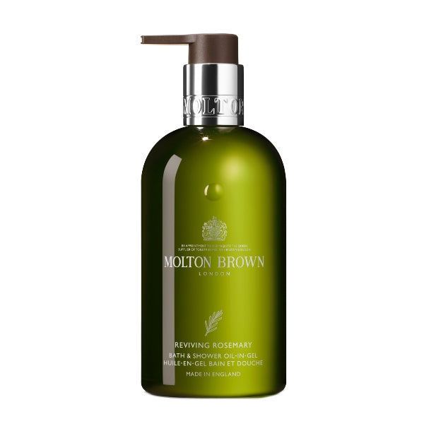 Molton Brown - Reviving Rosemary Bath & Shower Oil - in - Gel in grüner Flasche mit Pumpverschluss auf weißem Hintergrund
