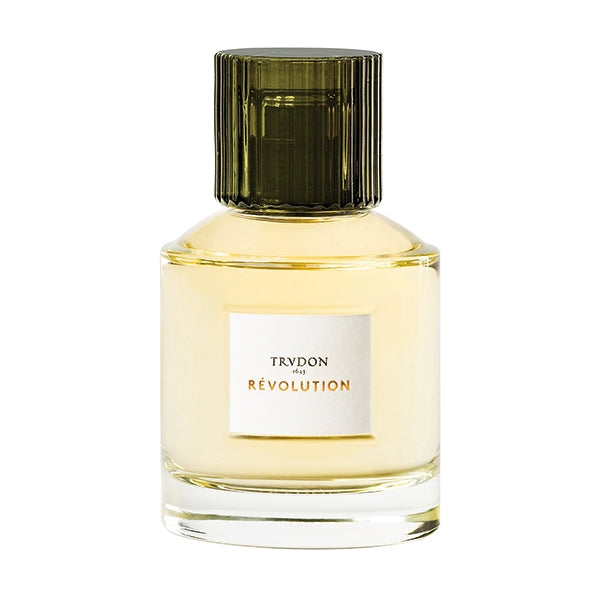 Trudon - Révolution Parfumflakon in klarem Glas mit dunklem geriffeltem Verschluss vor weißem Hintergrund