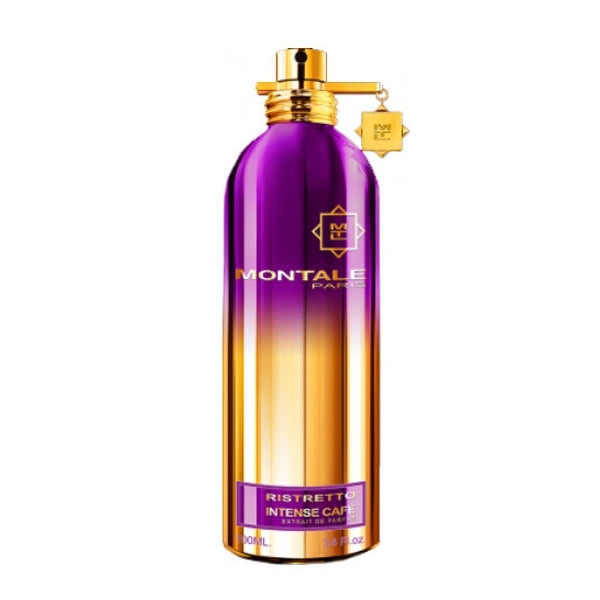Montale - Ristretto Intense Café Duftflakon in metallisch violetter und goldener Farbgebung vor weißem Hintergrund