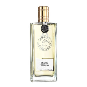 Nicolaï - Riviera Verbena eleganter Flakon mit transparentem Glas und goldfarbenem Verschluss vor weißem Hintergrund
