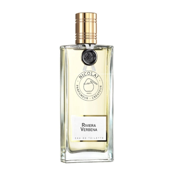 Nicolaï - Riviera Verbena eleganter Flakon mit transparentem Glas und goldfarbenem Verschluss vor weißem Hintergrund