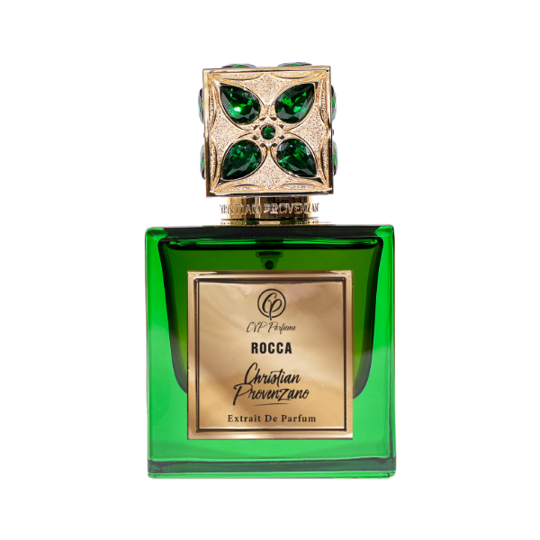 Christian Provenzano - Rocca Parfumflakon in grünem Glas mit verziertem goldfarbenem Deckel und elegantem Etikett