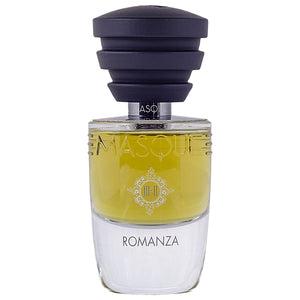 Masque Fragranze - Act III-II - Romanza Flakon mit schwarzem Deckel und gelber Flüssigkeit im klaren Glas