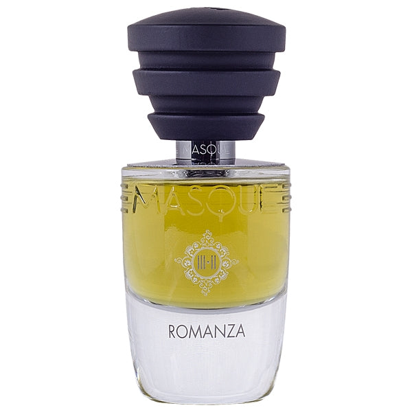 Masque Fragranze - Act III-II - Romanza Flakon mit schwarzem Deckel und gelber Flüssigkeit im klaren Glas