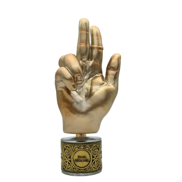Filippo Sorcinelli - Memento - Rosa fiorita goldene Hand mit kunstvollem Sockel und verziertem Ring