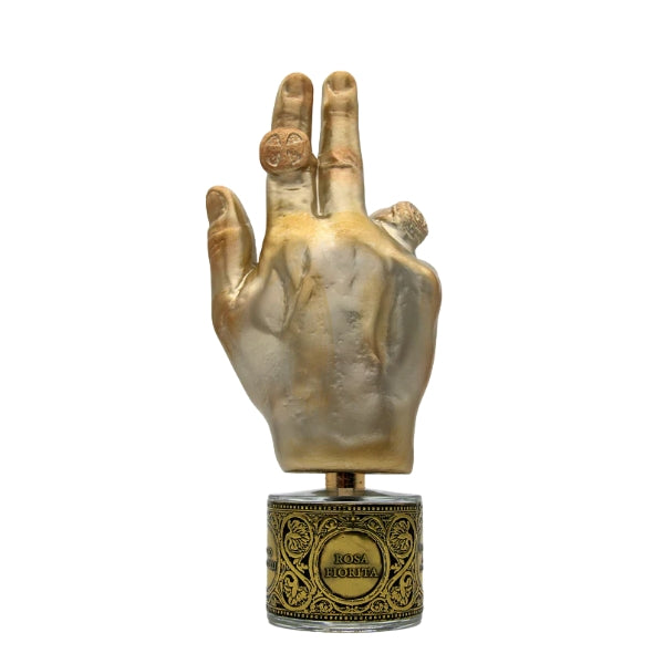 Filippo Sorcinelli - Memento - Rosa fiorita goldene Hand mit kunstvollem Siegelring und verziertem Sockel