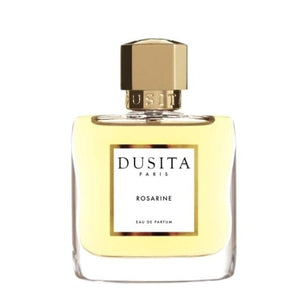 Dusita - Rosarine zeigt klaren Flakon mit goldfarbenem Verschluss und elegantem, schlichtem Design in sanftem Gelbton