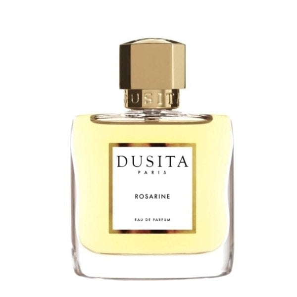 Dusita - Rosarine zeigt klaren Flakon mit goldfarbenem Verschluss und elegantem, schlichtem Design in sanftem Gelbton