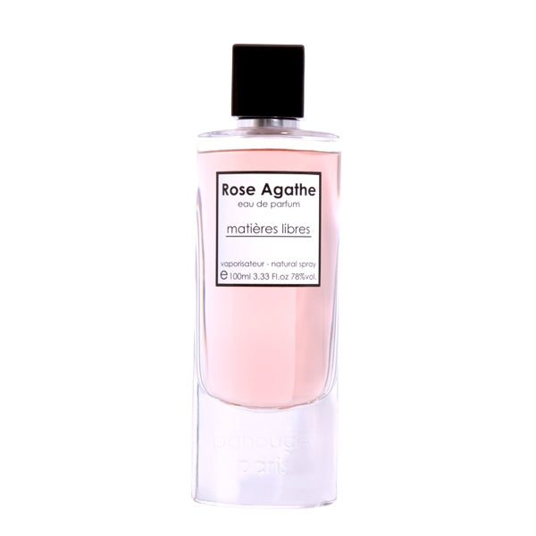 Panouge Paris - matières libres - Rose Agathe Flakon mit zartrosa Parfüm und schwarzem Deckel vor weißem Hintergrund