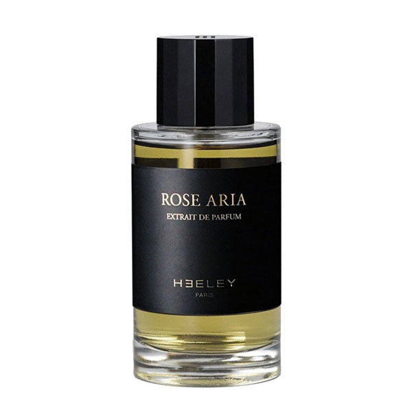 Heeley - Rose Aria - Extrait de Parfum Flakon mit schwarzem Etikett und goldgelber Flüssigkeit auf weißem Hintergrund