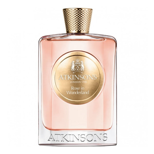 Atkinsons 1799 - Rose in Wonderland Parfumflakon mit zart rosafarbener Flüssigkeit und goldenem Verschluss elegant gestaltet