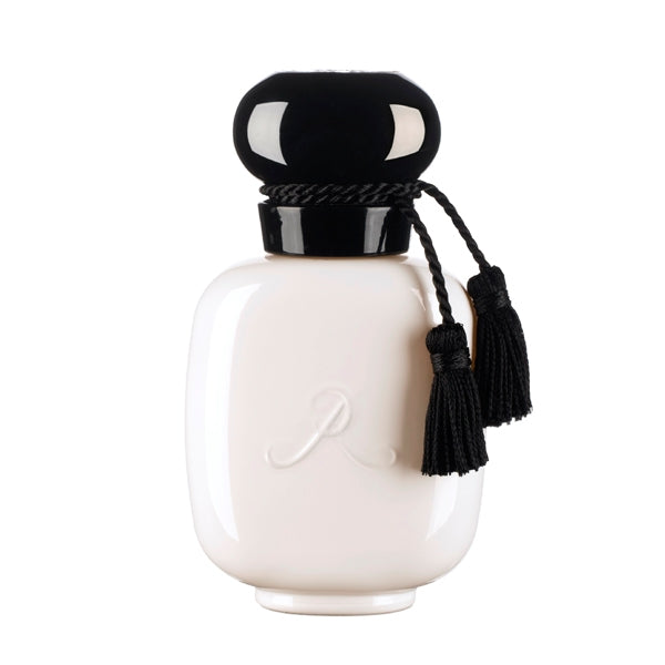 Parfums de Rosine - Rose par Essence eleganter weißer Flakon mit schwarzem Verschluss und dekorativer schwarzer Quaste