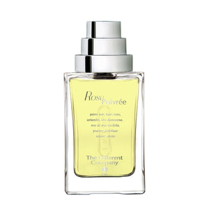 The Different Company - Rose Poivrée Parfumflakon mit klarer Glasoptik und modernem silberfarbenem Verschluss vor weißem Hintergrund