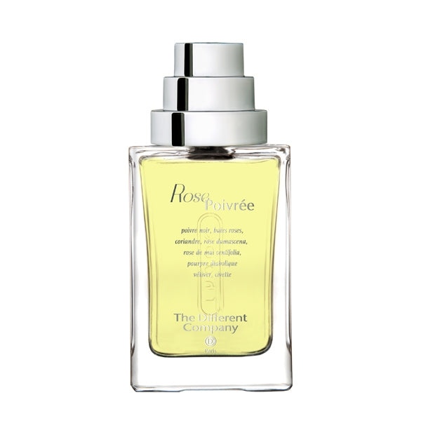 The Different Company - Rose Poivrée Parfumflakon mit klarer Glasoptik und modernem silberfarbenem Verschluss vor weißem Hintergrund