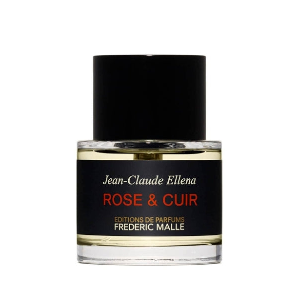 Frédéric Malle - Rose & Cuir Parfumflakon mit schwarzem Etikett und heller Flüssigkeit auf weißem Hintergrund
