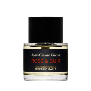 Frédéric Malle - Rose & Cuir Parfumflakon mit schwarzem Etikett und heller Flüssigkeit auf weißem Hintergrund