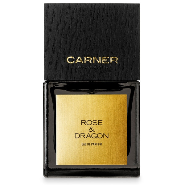 Carner Barcelona - Black Collection - Rose & Dragon Parfumflakon mit goldfarbenem Label und schwarzem Holzverschluss vor weißem Hintergrund