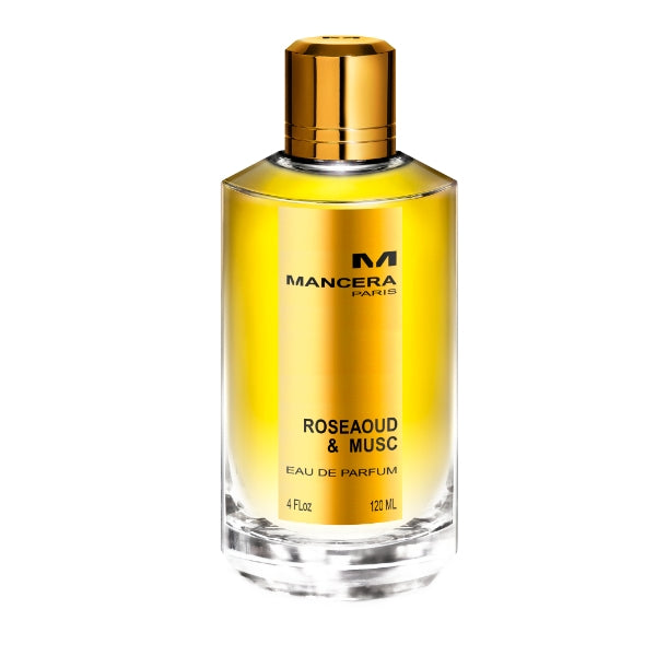 Mancera - RoseAoud & Musc Parfumflakon mit goldenem Etikett und rundem Verschluss in klarer Glasflasche