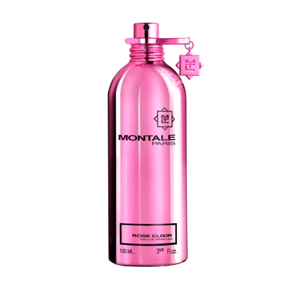Montale - Rose Elixir glänzender pinker Metallflakon mit Anhänger und schwarzer Aufschrift vor weißem Hintergrund