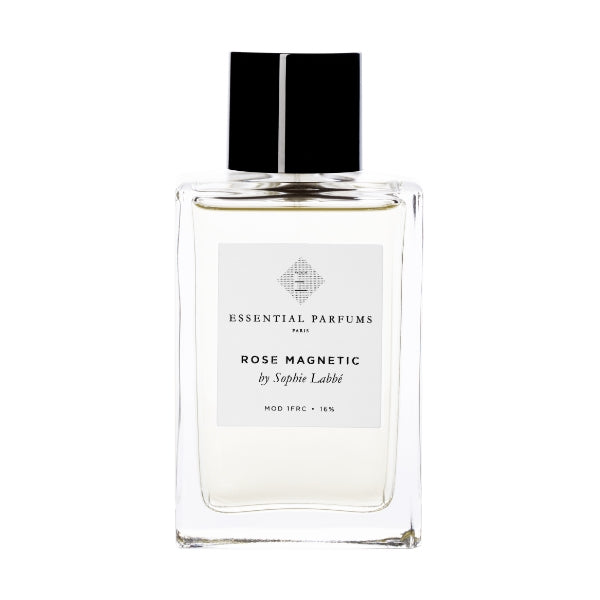 Essential Parfums - Rose Magnetic klarer Flakon mit schwarzem Verschluss vor weißem Hintergrund