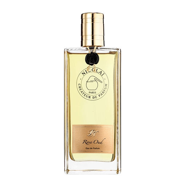 Nicolai - Rose Oud Parfumflakon mit klarem Glas und edlem goldfarbenem Verschluss in zeitlos schlichtem Design