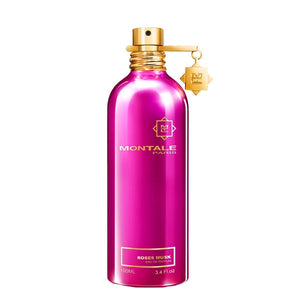 Montale - Roses Musk Parfumflakon in metallisch rosa mit goldenem Sprühkopf und Markenlogo auf weißem Hintergrund