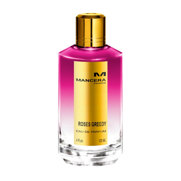 Mancera - Roses Greedy Parfumflakon mit rosa Verlaufsglas, goldfarbenem Verschluss und elegantem minimalistischen Etikett
