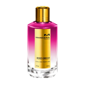 Mancera - Roses Greedy Parfumflakon mit rosa Verlaufsglas, goldfarbenem Verschluss und elegantem minimalistischen Etikett