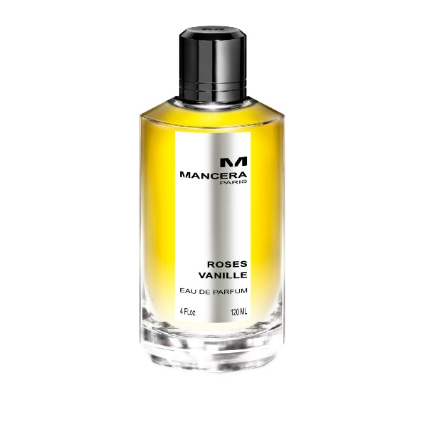 Mancera - Roses Vanille Parfumflakon mit klarer Glasflasche und schwarzem Verschluss, elegant und schlicht gestaltet