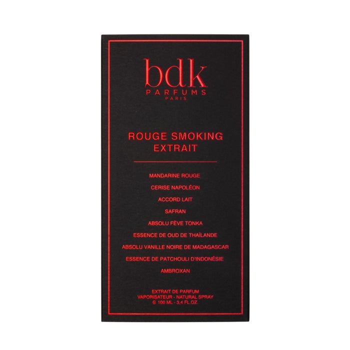 bdk Parfums - Rouge Smoking - Extrait de Parfum Verpackung mit roter Schrift auf schwarzem Hintergrund
