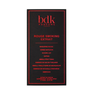 bdk Parfums - Rouge Smoking - Extrait de Parfum Verpackung mit roter Schrift auf schwarzem Hintergrund