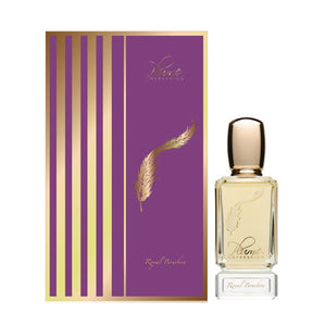 Plume Impression - Royal Bourbon zeigt eleganten Flakon mit goldfarbenem Verschluss und klarer Flüssigkeit neben lila Geschenkbox mit goldenem Feder-Motiv