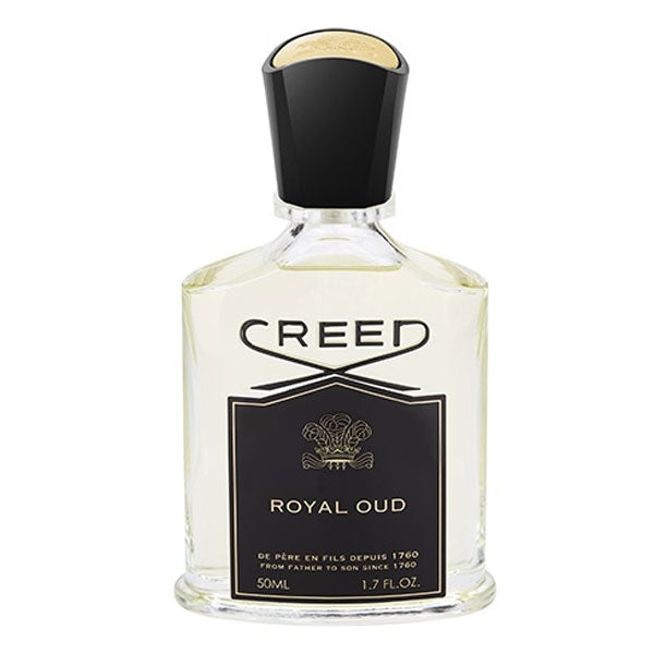 Creed - Royal Oud klarer Flakon mit schwarzem Etikett und goldener Prägung vor weißem Hintergrund