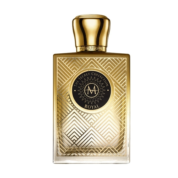 Moresque Parfum - Secret Collection - Royal Flakon mit geometrischem Goldmuster und schwarzem Emblem auf weißem Hintergrund