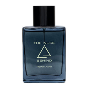The Nose Behind - Royal Dubai präsentiert flakon in tiefblauem Glas mit schlichter, goldener Schrift und schwarzem Verschluss