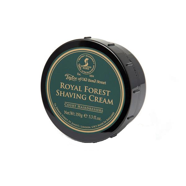 Taylor of Old Bond Street - Royal Forest Shaving Cream in schwarzer Dose mit grünem Etikett für reichhaltigen Rasurschaum