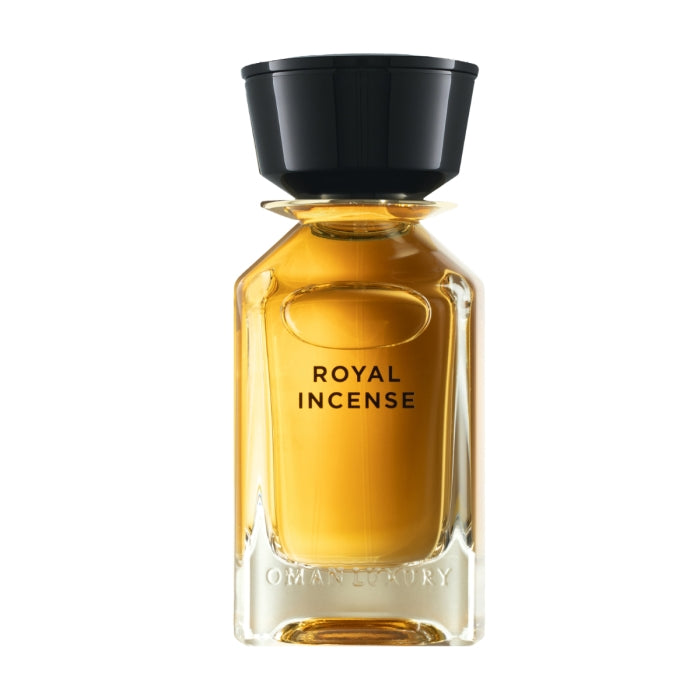 Omanluxury - Royal Incense Parfümflakon mit warmem bernsteinfarbenem Duft und schwarzem Deckel vor weißem Hintergrund