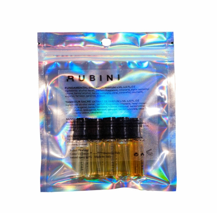 Rubini - Discovery Set mit fünf Parfumproben in schimmerndem, wiederverschließbarem Beutel verpackt