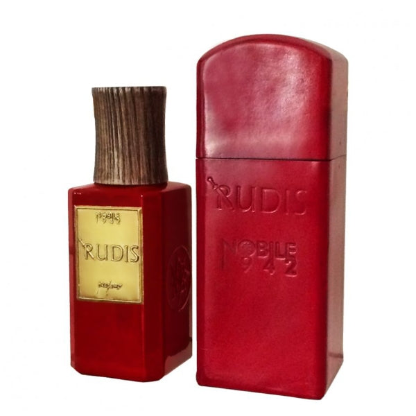 Nobile 1942 - Rudis Duftflakon und passendes rotes Lederetui mit eingeprägtem Markenschriftzug auf weißem Hintergrund