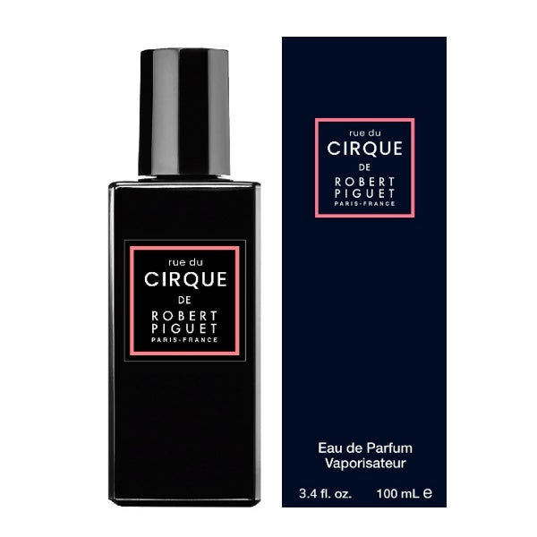 Piguet - rue du Cirque Parfumflakon in elegantem schwarzem Design mit zartem rosafarbenem Rahmen und edler Schriftgestaltung