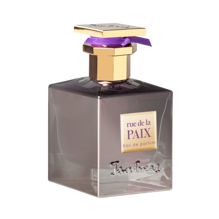 Isabey - Rue de la Paix Parfumflakon mit violettem Duft und goldfarbenem, rechteckigem Verschluss auf weißem Hintergrund